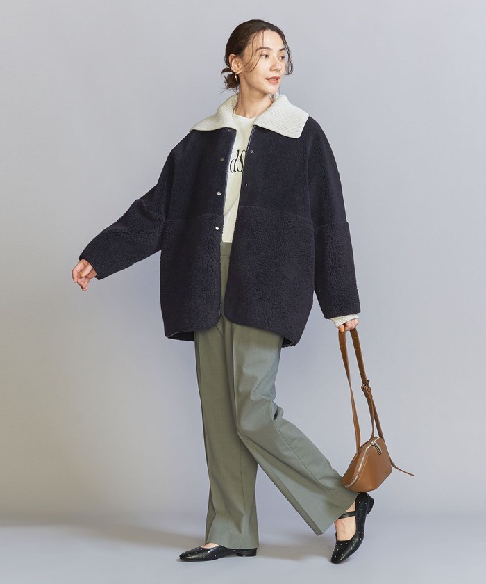 WEB限定】ボア×フェイクムートン ノーカラーリバーシブルコート WEB限定】ボア×フェイクムートン ノーカラーリバーシブルコート