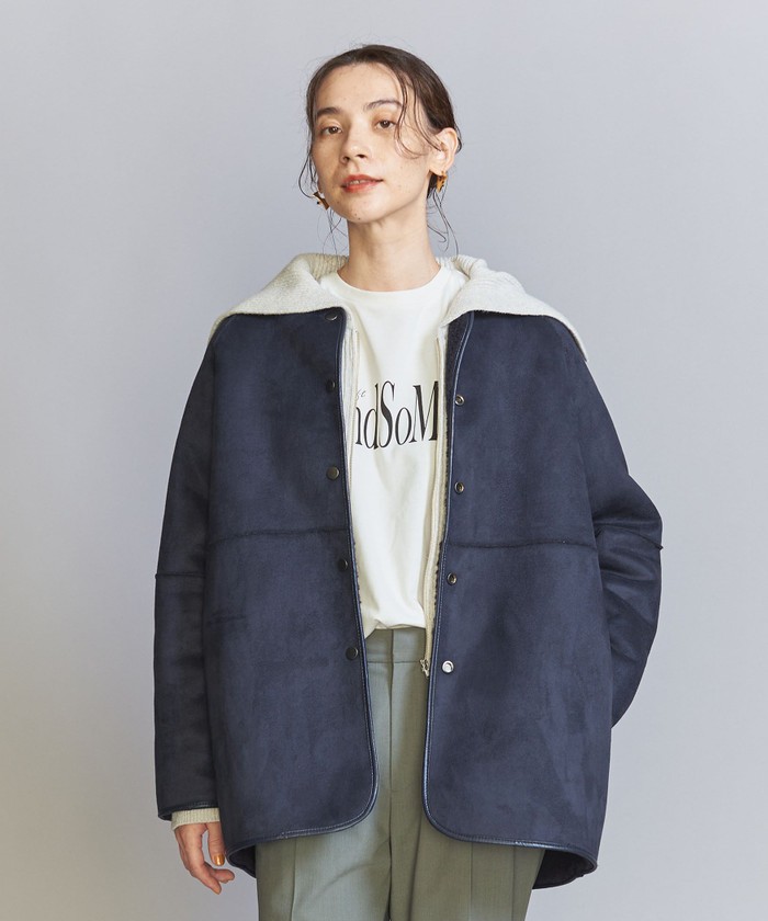 WEB限定】ボア×フェイクムートン ノーカラーリバーシブルコート WEB限定】ボア×フェイクムートン ノーカラーリバーシブルコート