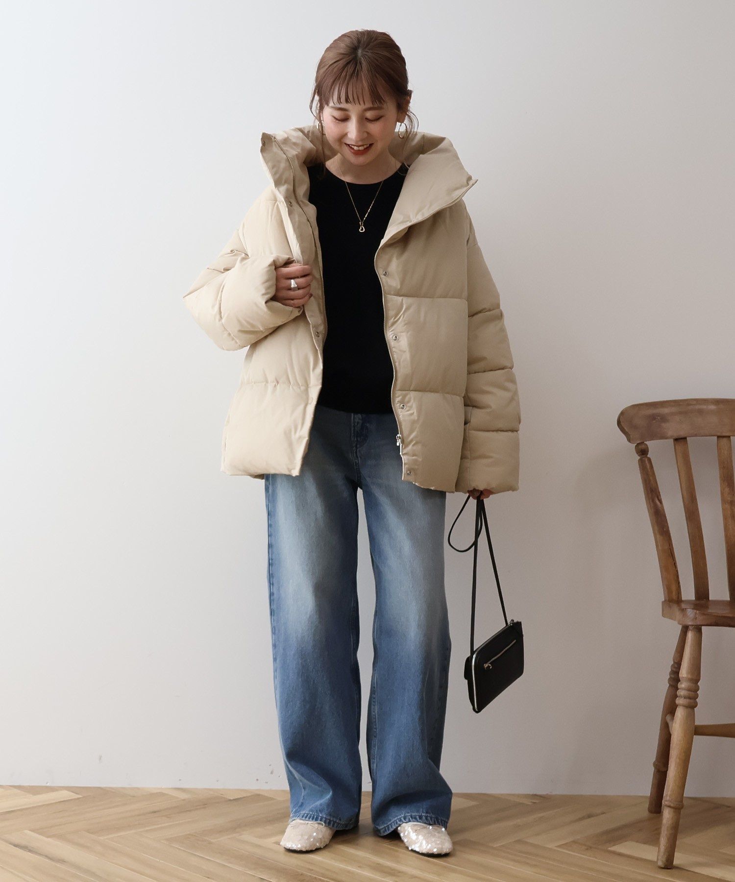 AMERI アメリ 中綿キルティング ショートコート ブラック Ameri（アメリ）の「2WAY LEAF PATTERN QUILTING COAT（MA-1