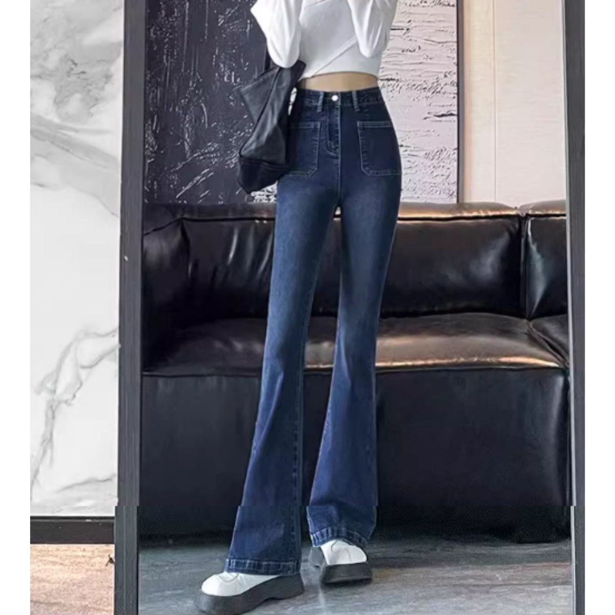 デニムパンツ ジップ ワイドパンツ フレア 韓国ファッション ベルシー Belle Cie デニム パンツ フレア ワイドパンツ