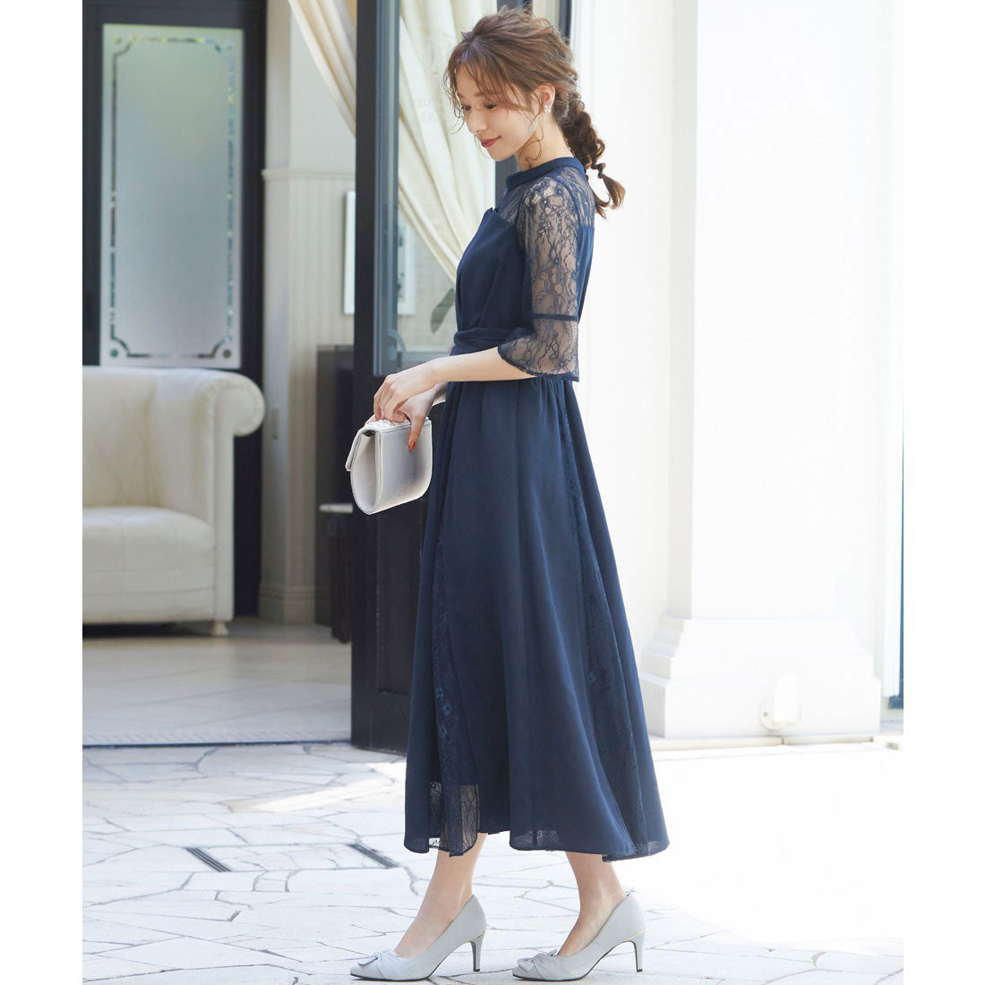 【美品】niana ビスチェ風ハイネックレース結婚式ワンピース ピンク S ニアナ niana ビスチェ風ハイネックレース結婚式ワンピース
