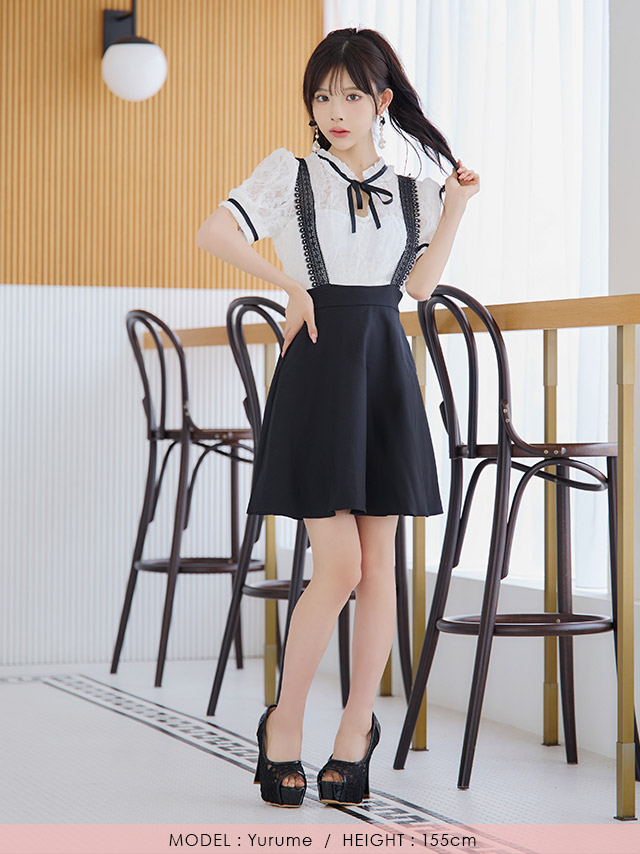 Tika韓国ドレスフレアミニワンピース 新品 ティカ Tika レース胸あきリボンガーリースタイル長袖