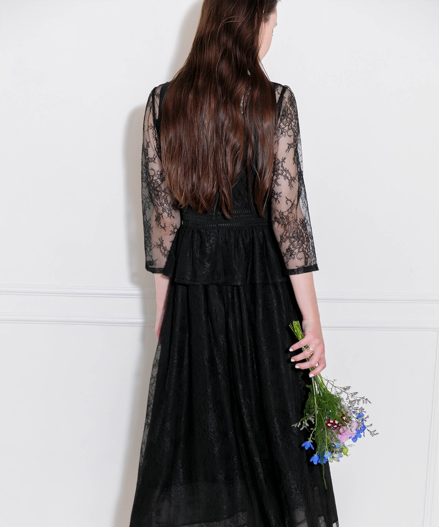 Leja ビスチェ風レース透けフレア花柄　結婚式　パーティー　ドレス　グリーン Leja（レジャ）の「【LEJA】ビスチェ風レース花柄透けフレア美脚