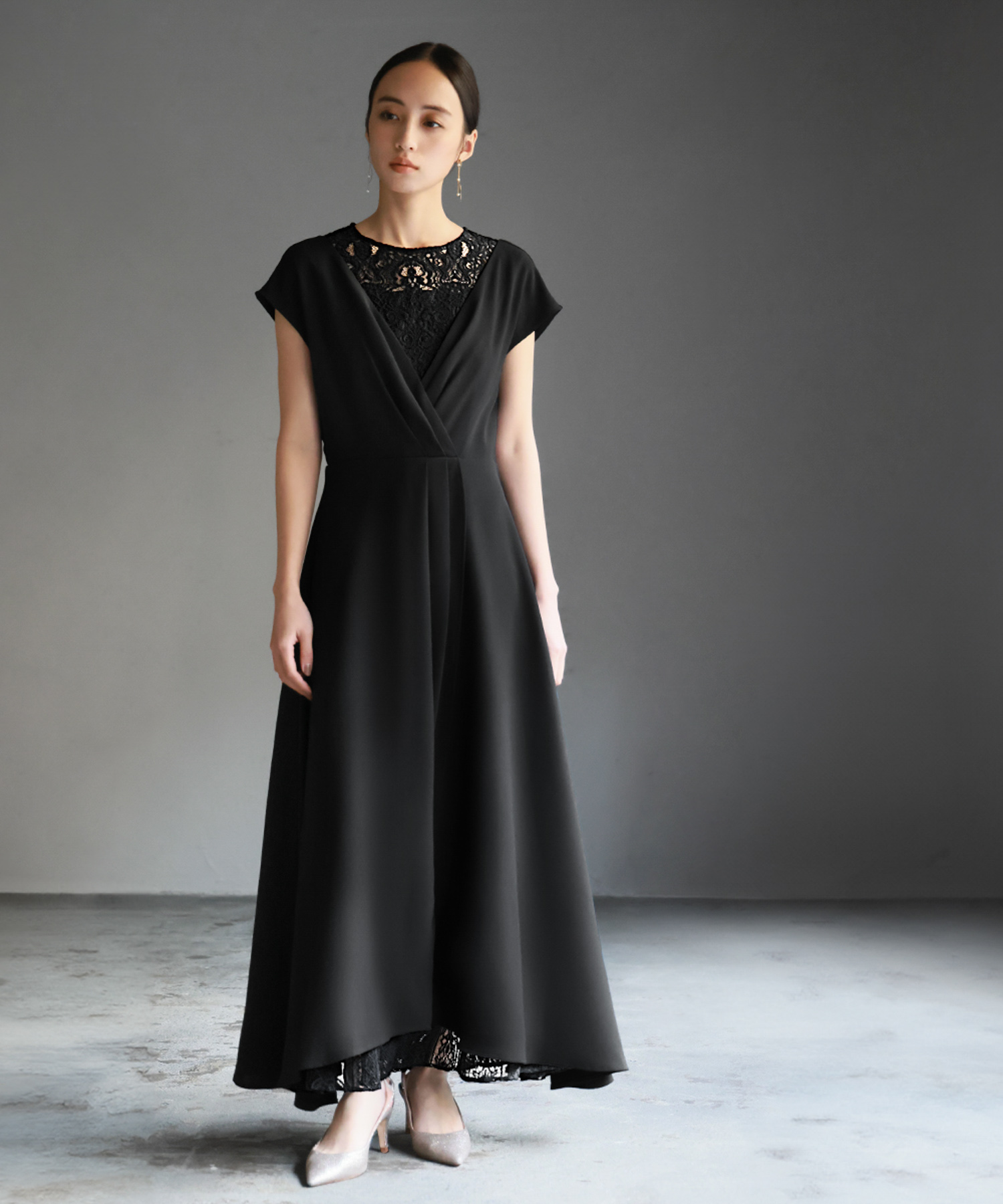 パールベルト付きカシュクール風レース切替ロングフレア結婚式パーティードレ ガール GIRL パールベルト付きカシュクール風レース切替ロング