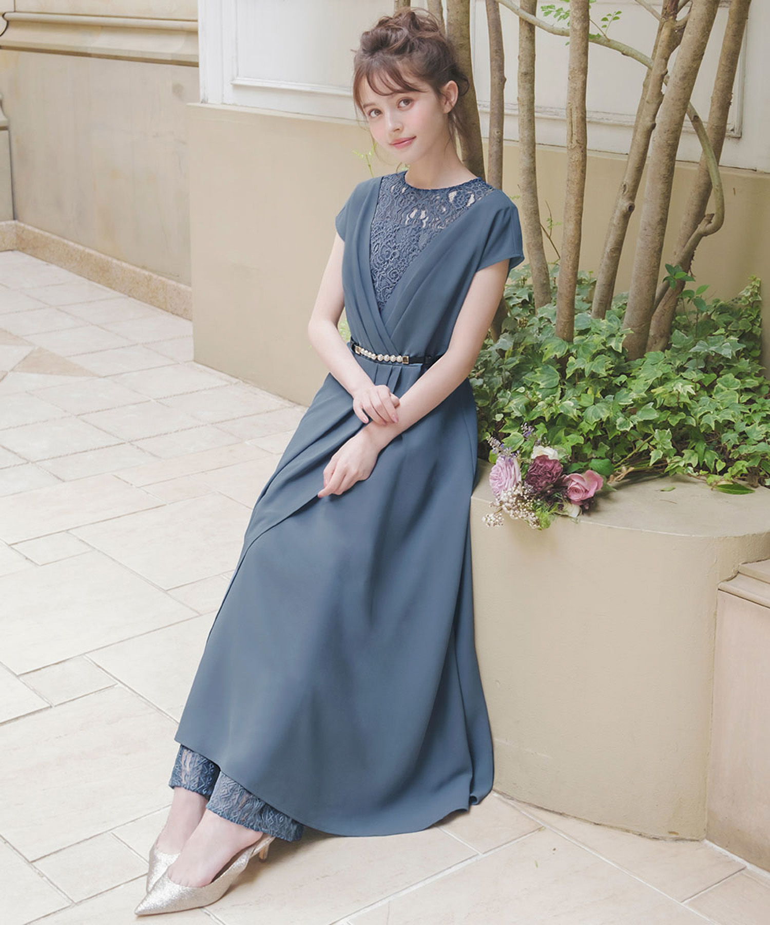 ガール GIRL パールベルト付きカシュクール風レース切替ロング