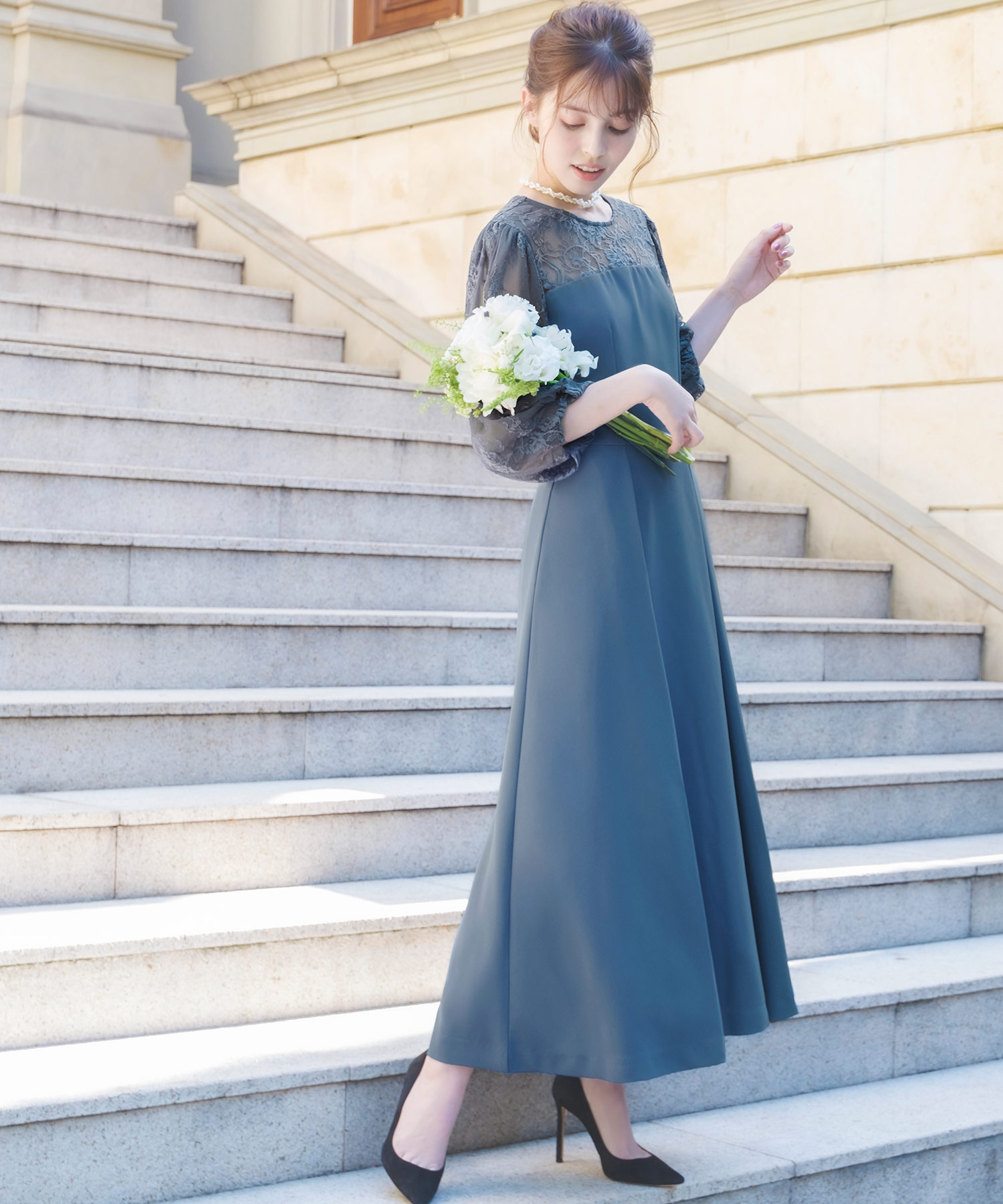 GIRL レース切替パフスリーブフレア 結婚式ワンピース パーティードレス GIRL｜レース切替パフスリーブフレア 結婚式 ワンピース