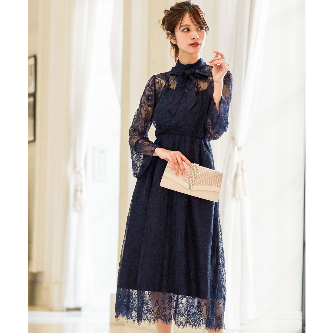 ニアナ niana 襟ボウタイレース 結婚式ワンピース パーティー ニアナ niana 襟ボウタイレース 結婚式ワンピース パーティー