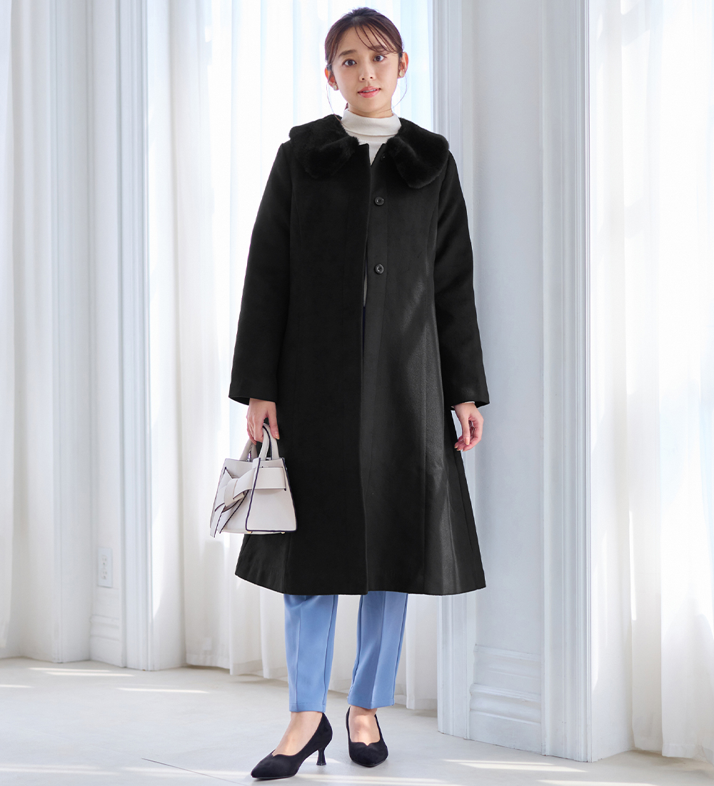 alotta ファー付美人見えロングコート アロッタ Alotta 美人シルエットファー付ノーカラーコート