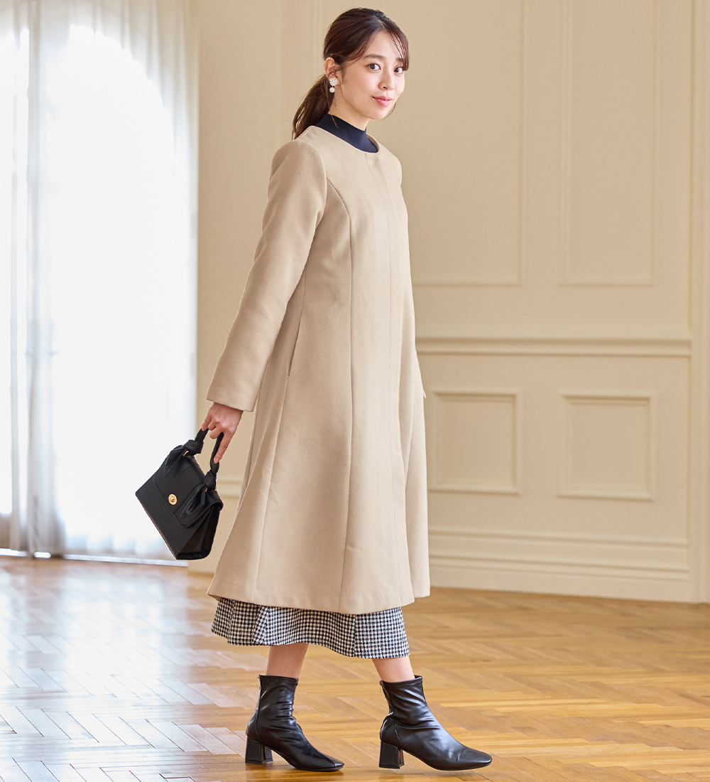 alotta ファー付美人見えロングコート 美人シルエットファー付ノーカラーコート[品番：ATTW0007500