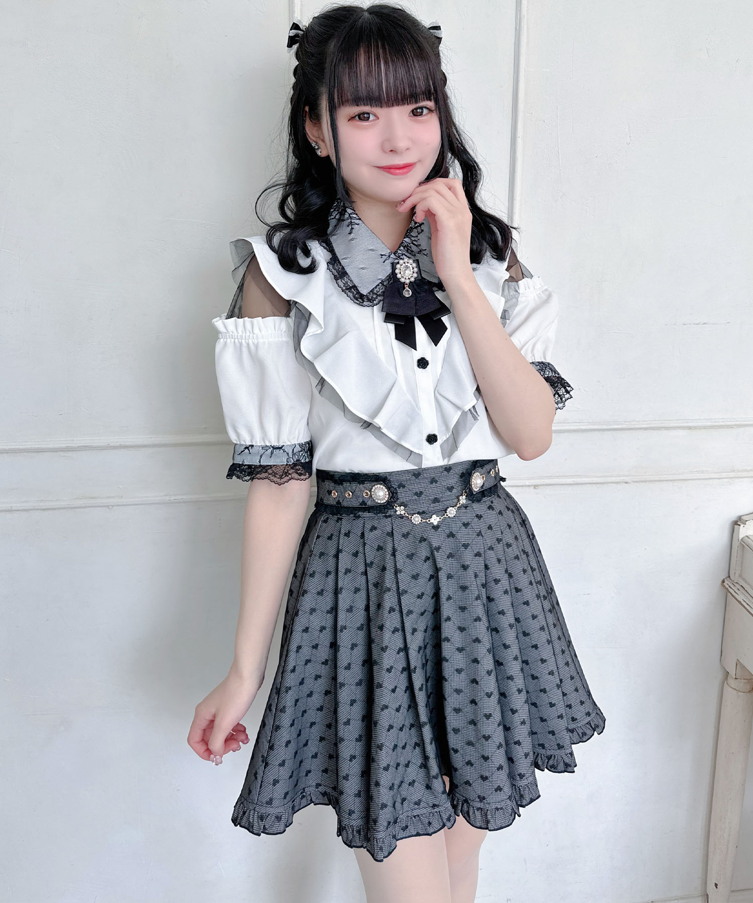 rojita Palelfy 2着セット ロジータ ROJITA 肩開きVラッフル切替半袖ブラウス （ブラック