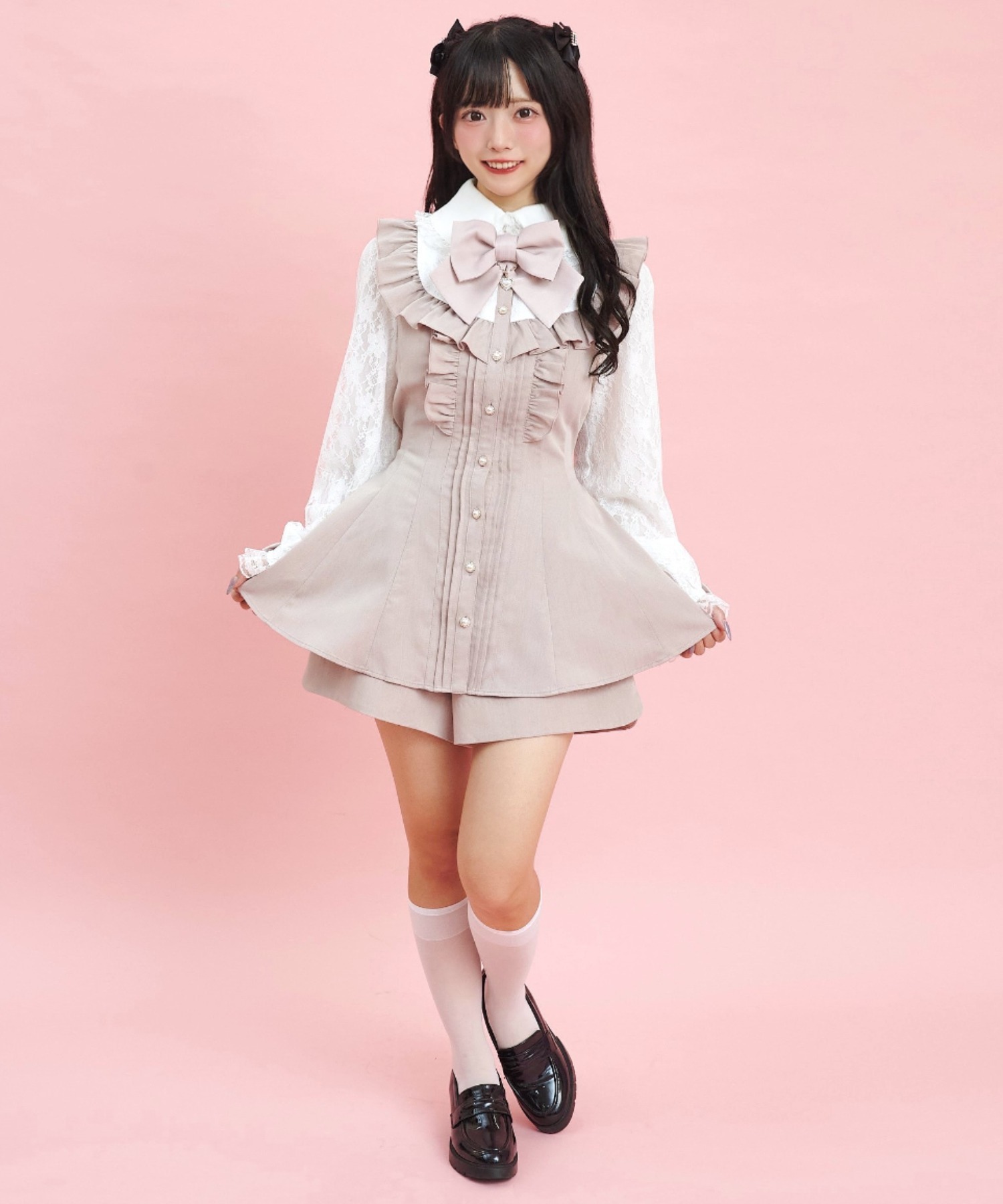 シークレットハニー レース袖フリルヨークセットアップ ピンク
