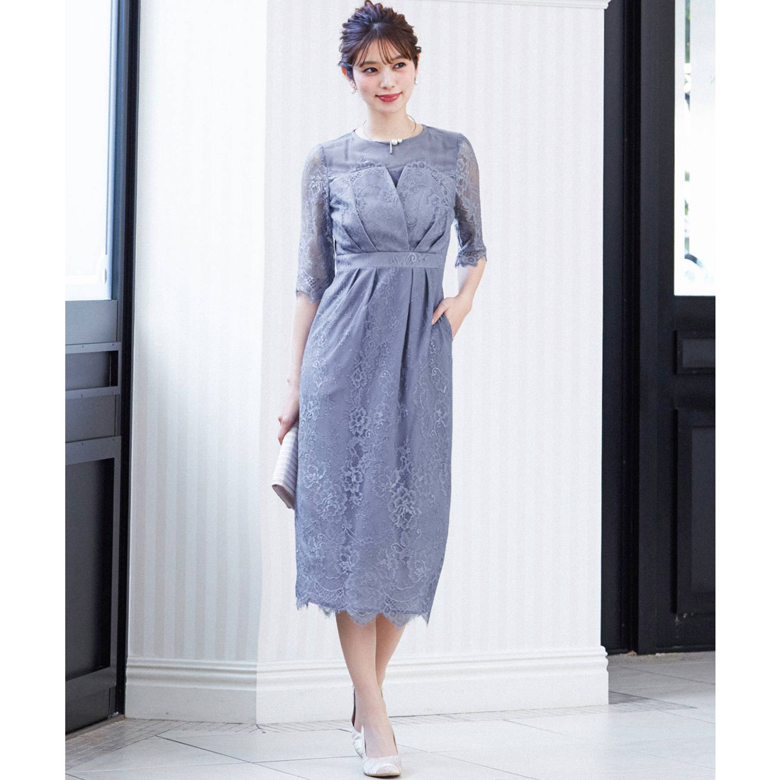 【arisa】【新品】Niana パーティードレス　花柄レース　ブルー クーポン】ニアナ niana 花柄総レース 結婚式ワンピース