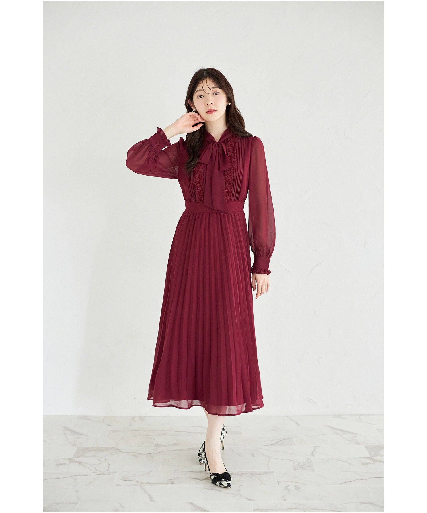 ラインレース×ピンタックボウタイリボン ワンピース tocco closet ラインレース×ピンタックボウタイリボンプリーツワンピース