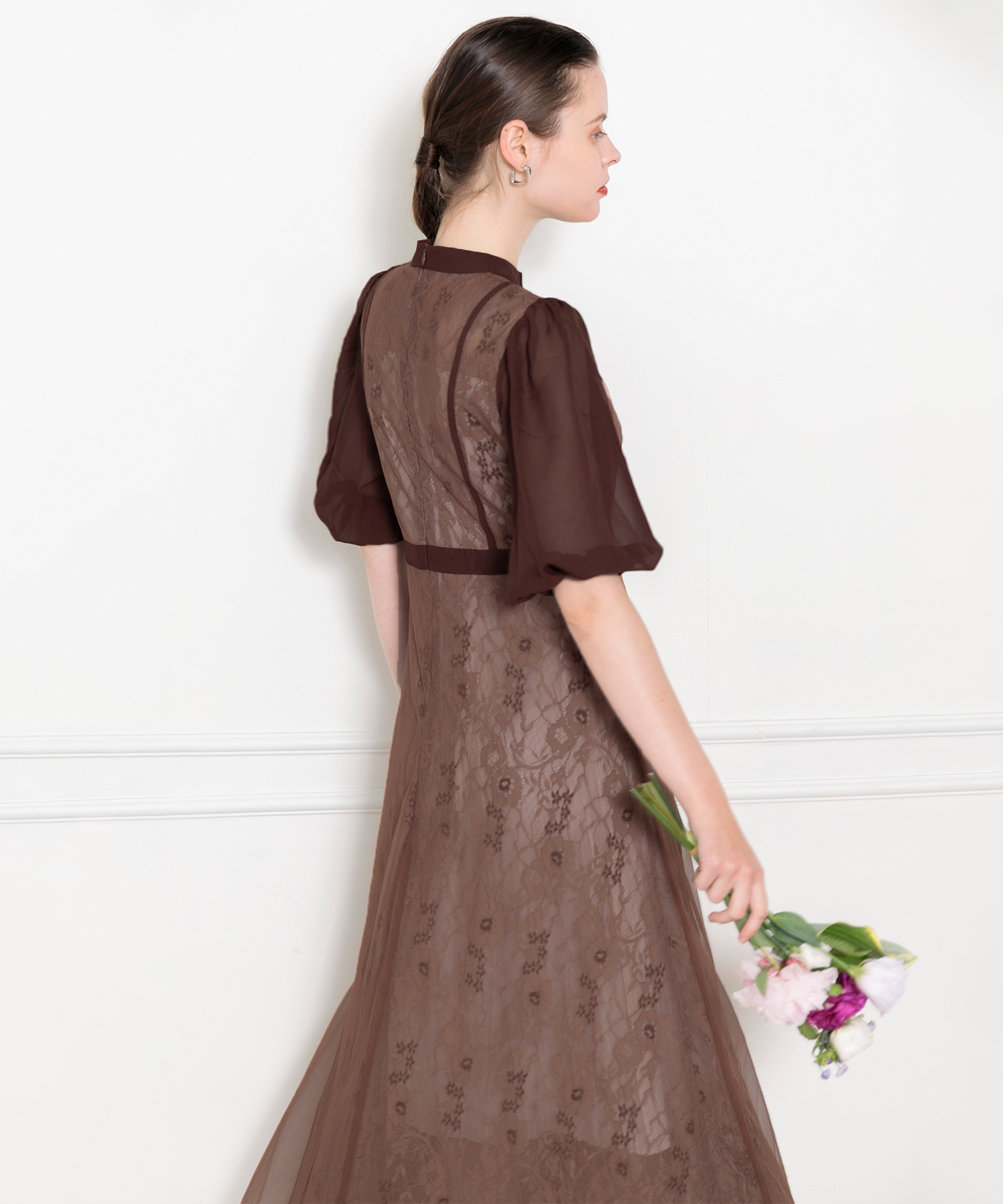 【美品】Leja-美脚効果ハイウエストチュールレース切り替えドレス セール】【LEJA】美脚効果ハイウエストチュールレース切り替え