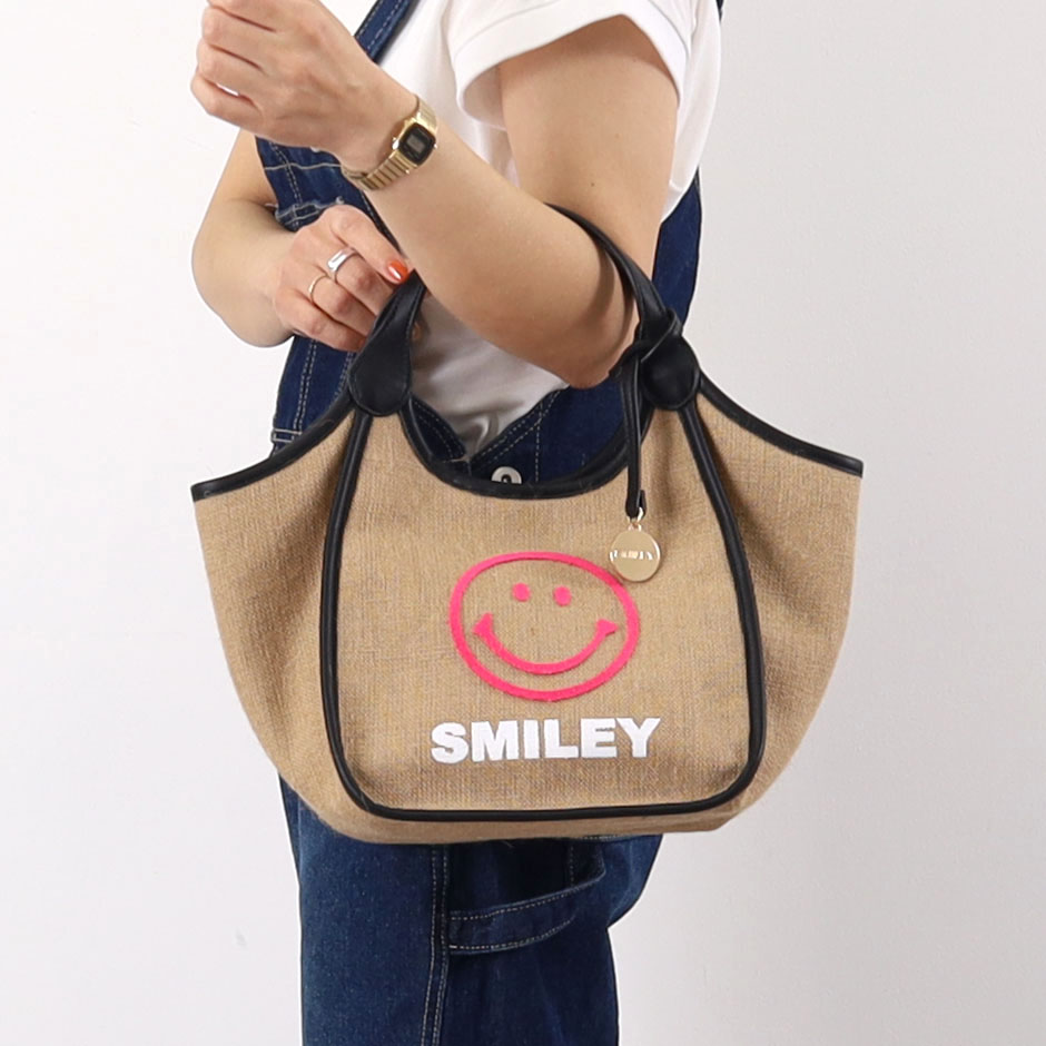 クーコ スマイリー チャーム付 麻 ブラシ 刺繍 トートバッグ チェック ＊ セール 30%OFF】クーコ COOCO SMILEY チャーム付麻xブラシ刺繍
