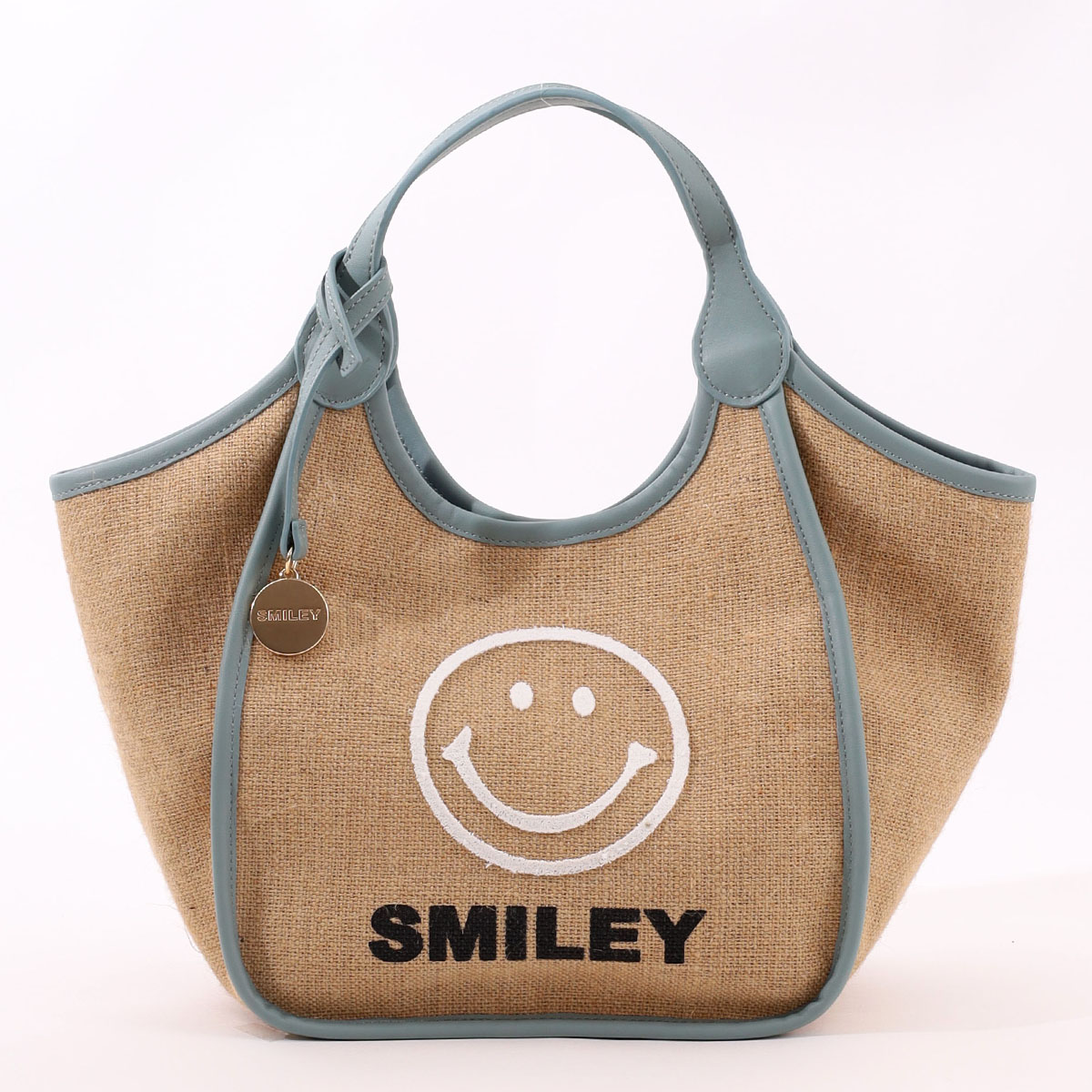 クーコ スマイリー チャーム付 麻 ブラシ 刺繍 トートバッグ チェック ＊ セール 30%OFF】クーコ COOCO SMILEY チャーム付麻xブラシ刺繍