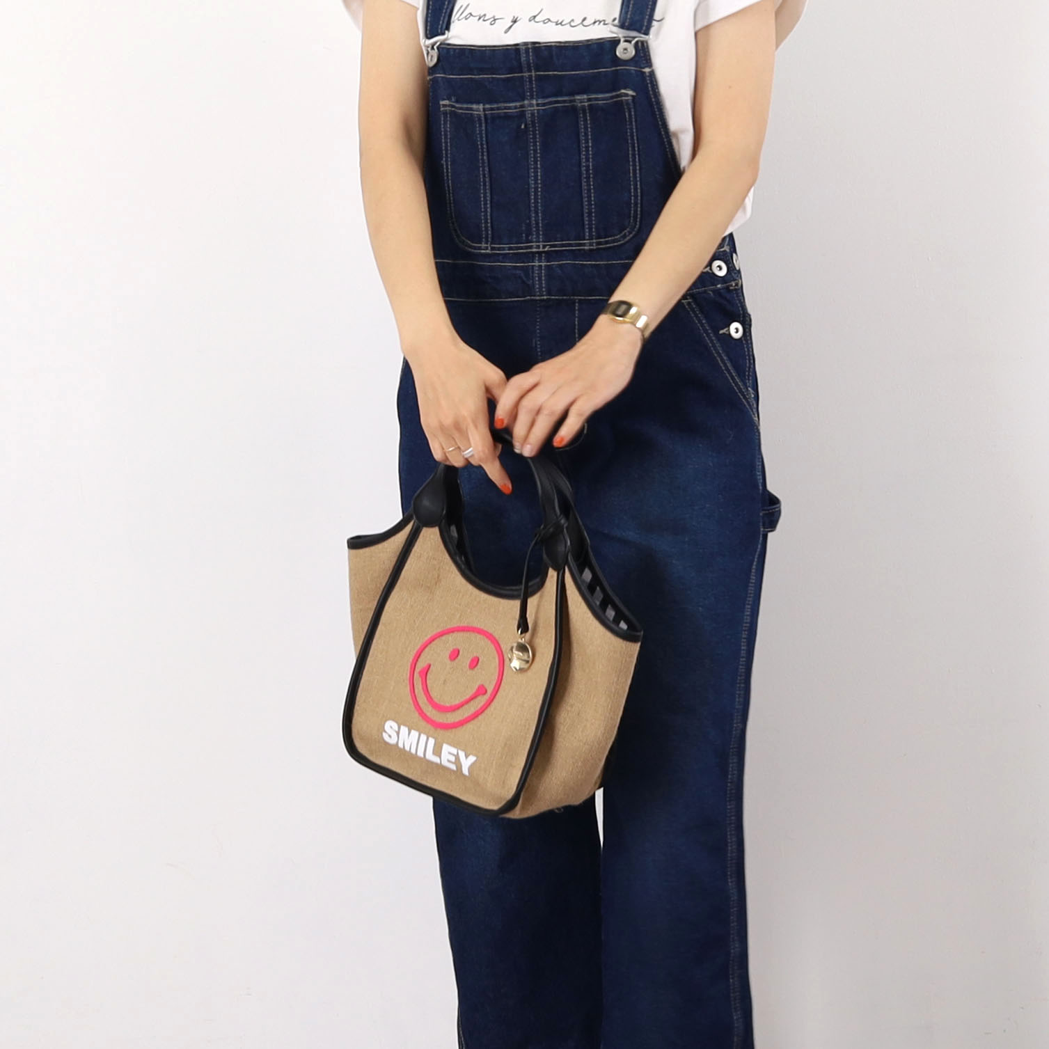 クーコ スマイリー チャーム付 麻 ブラシ 刺繍 トートバッグ チェック ＊ セール 30%OFF】クーコ COOCO SMILEY チャーム付麻xブラシ刺繍
