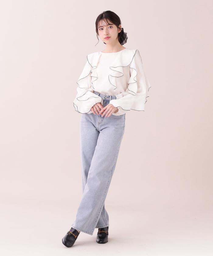 ブラウス シャツ バイカラーラッフルブラウス レディース any SiS｜【洗える】バイカラーラッフルボウ ブラウス | Rakuten