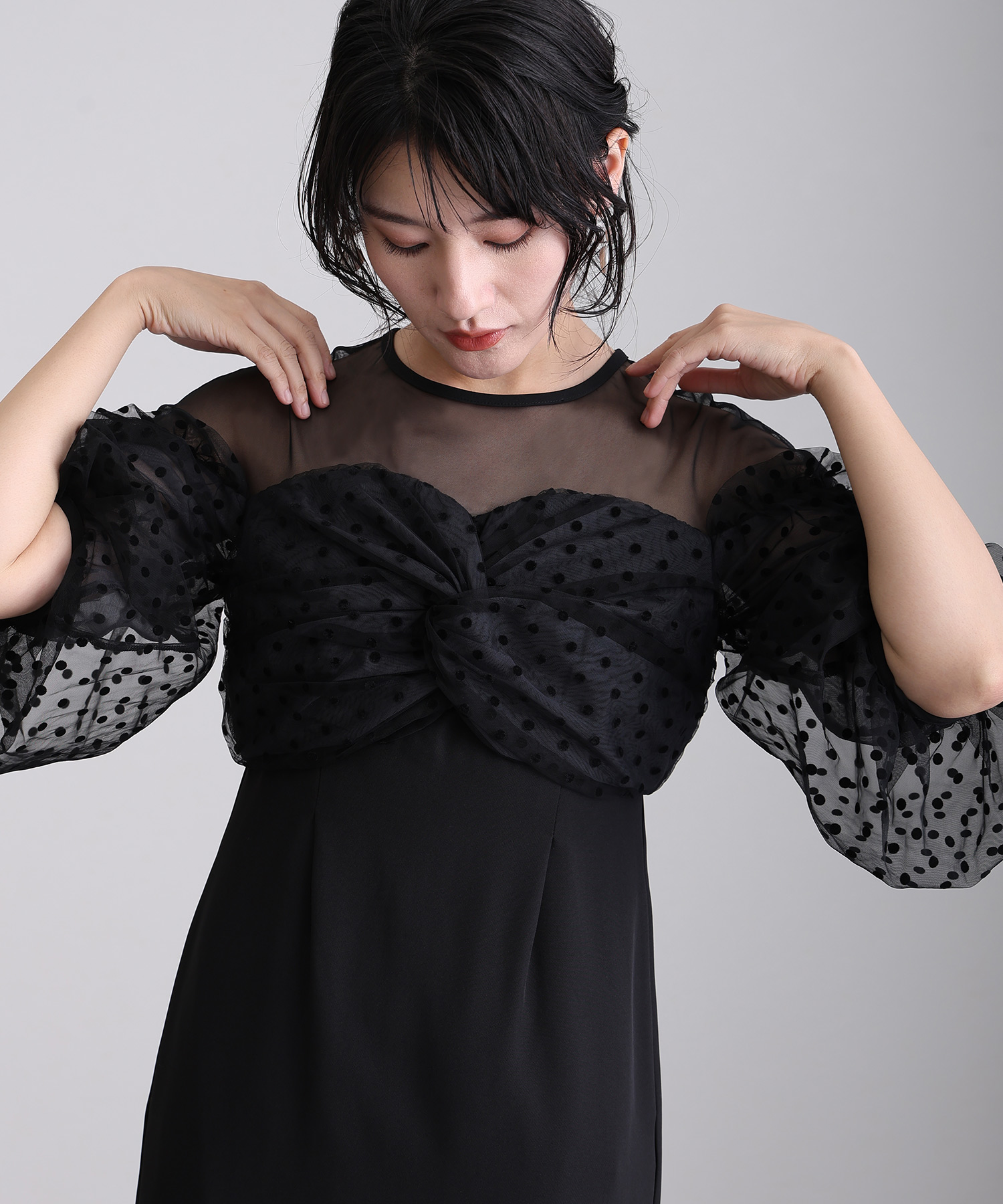 フロッキープリント袖あり&ミモレ丈お呼ばれフォーマル プールヴー PourVous ミモレ丈&七分袖フォーマルフロッキー