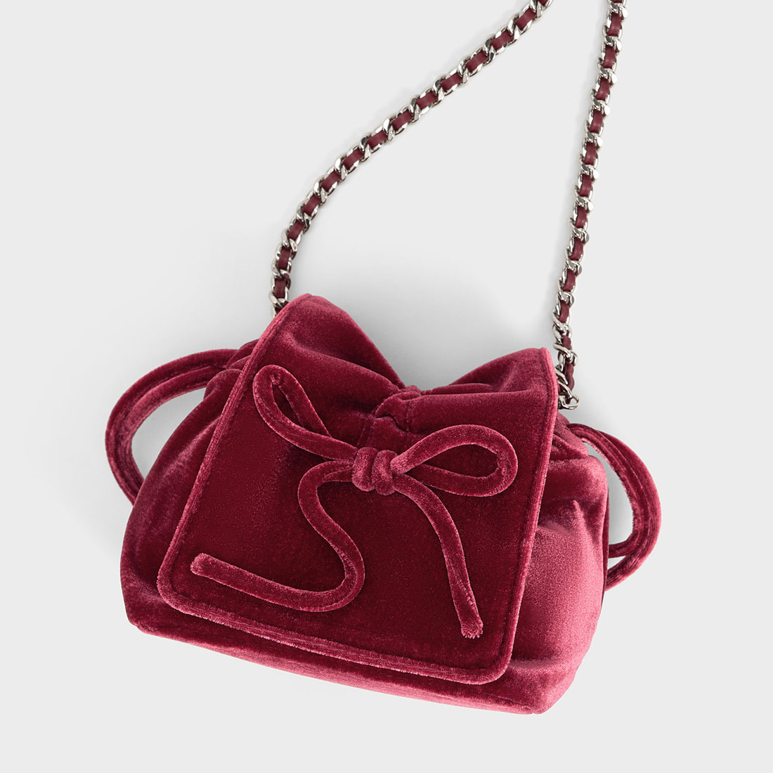 CHARLES & KEITH◆ベルベットボウ ルーシュトップハンドルバッグ CHARLES & KEITH ベルベットボウ ルーシュドトップハンドル