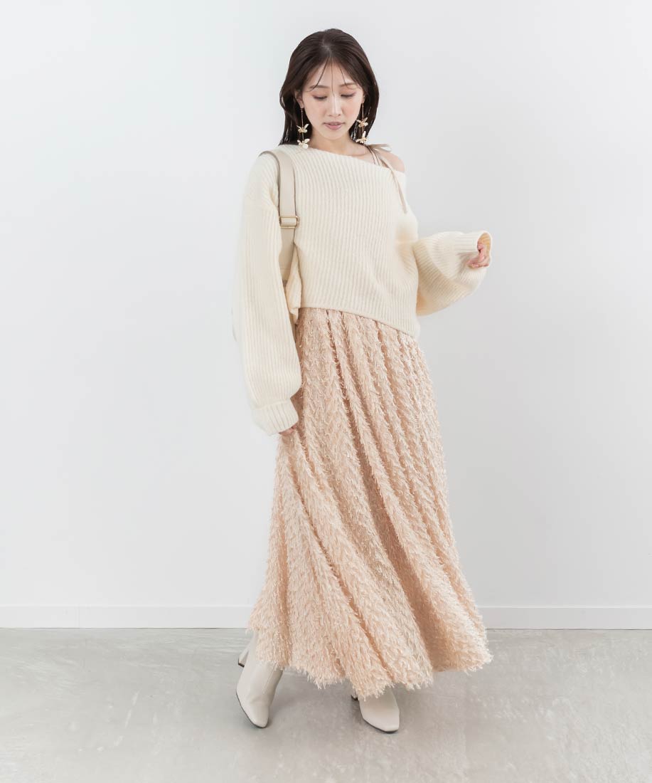 ランダ RANDA クロップド丈ニット＆シャギーキャミワンピースセット （WHITE） セール 30%OFF】ランダ RANDA クロップド丈ニット＆シャギー
