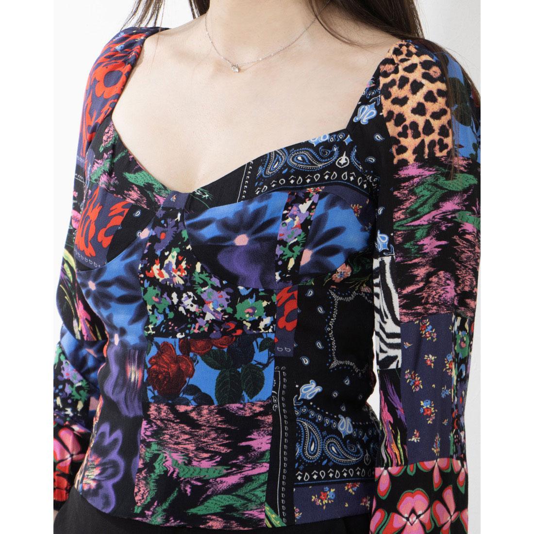 Desigual  デシグアル　パッチワーク柄 チュール素材  ブラウス 花モチーフ ストライプパッチワーク シャツ | Desigual (Women