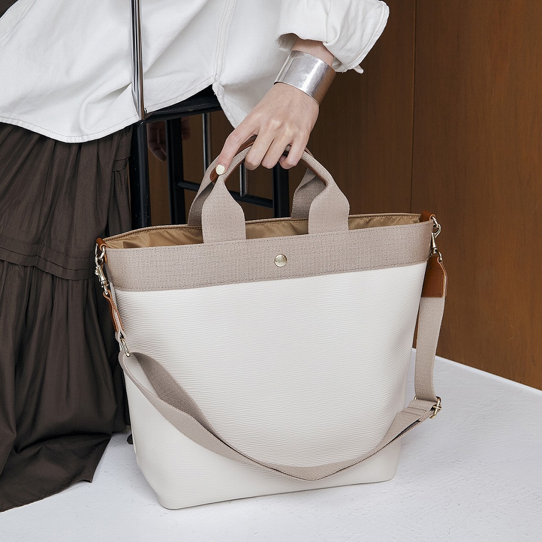【美品】TOPKAPI リプル　トートバッグ　2way グレージュ トプカピ TOPKAPI RIPPLE リプル ショルダー付き 2way トート
