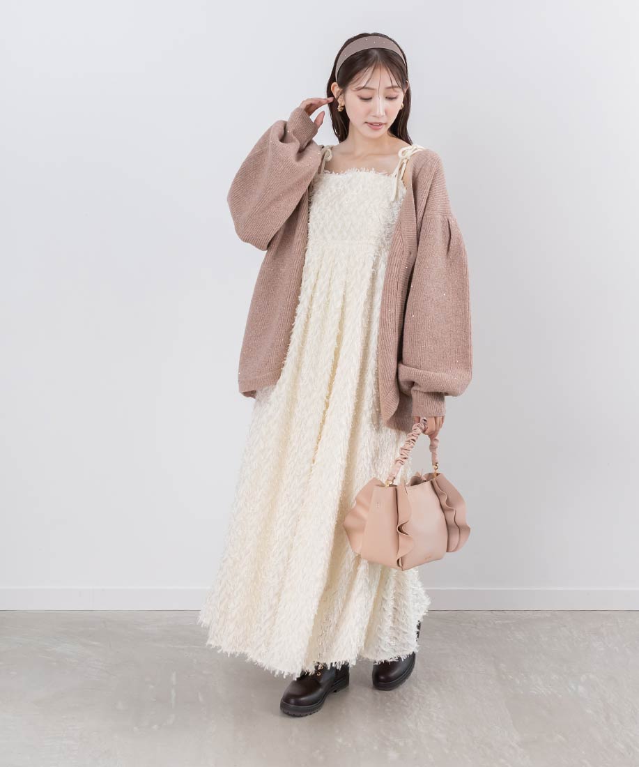 ランダ RANDA クロップド丈ニット＆シャギーキャミワンピースセット （BLACK） セール】クロップド丈ニット＆シャギーキャミワンピースセット