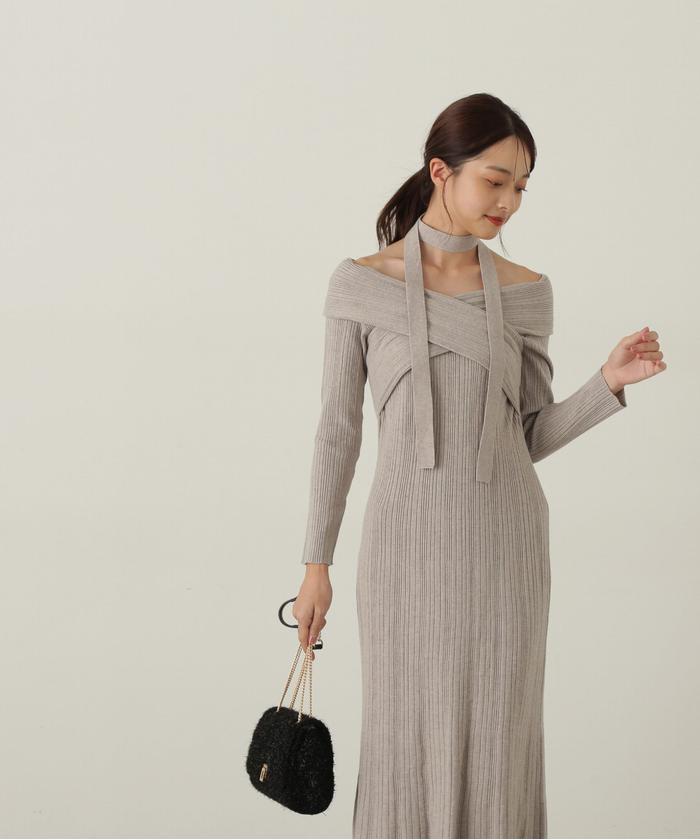 BODY DRESSING ボディドレッシングフォックス毛皮　ストール　パープル セール】チョーカーニットワンピース(506993043