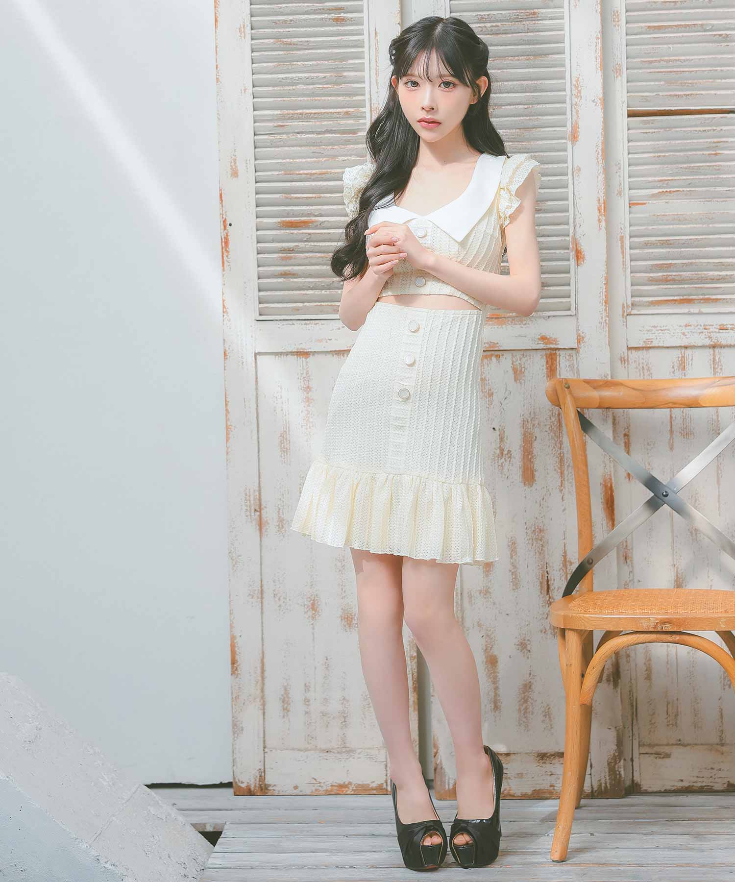 フリルコットンポプリンミニドレス セール 36%OFF】ティカ Tika セーラーフリル袖コットンレース
