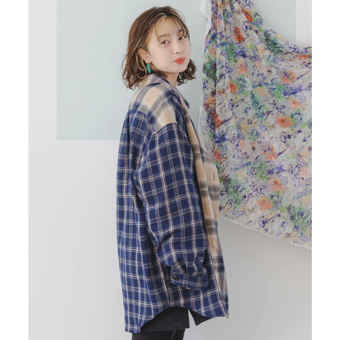 【ScoLar】裏毛ハーフジップ ・切替チェック シャツ ブルー セール】スカラー ScoLar よじ登りクマ刺繍 チェック柄BIGシャツ