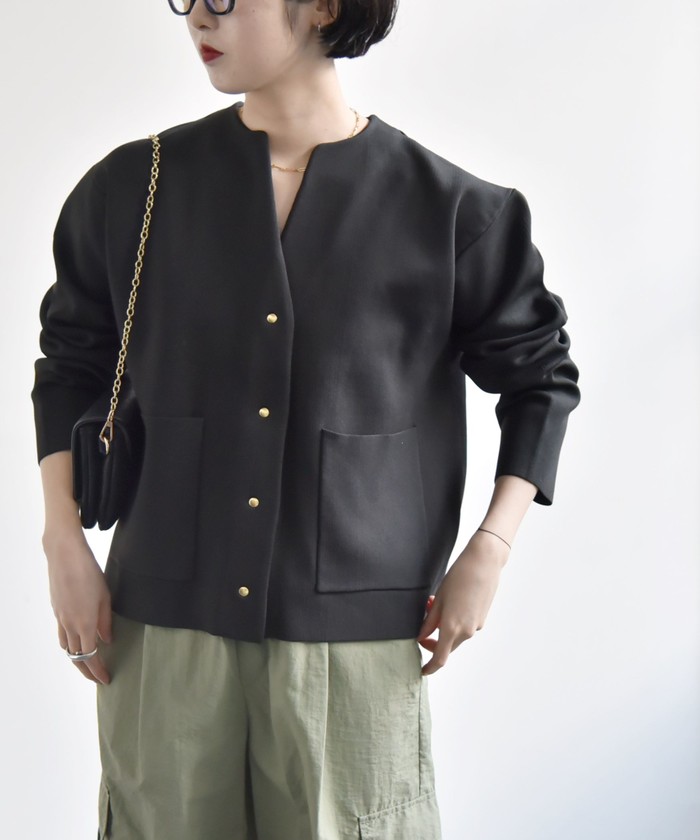 新品未使用　東京イギン　CROULE BARBE　ノーカラージャケット　13号 quaranciel:〈手洗い可能〉ノーカラー ポケット ニット