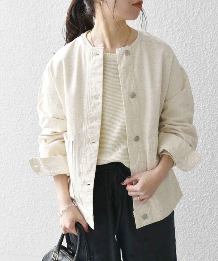 シップスエニィ ノーカラージャケット SHIPS any: ノーカラー ネップ ブルゾン[SHIPS any DENIM