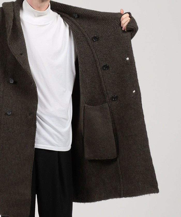 ウール カシミヤ シルク フーデット ダブルブレスト ニット