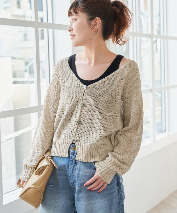 【美品】スピックアンドスパン ペーパーヤーンカーディガン Vネック　ベージュ Spick&Span》ペーパーヤーンVネックカーディガン ベージュ 日本