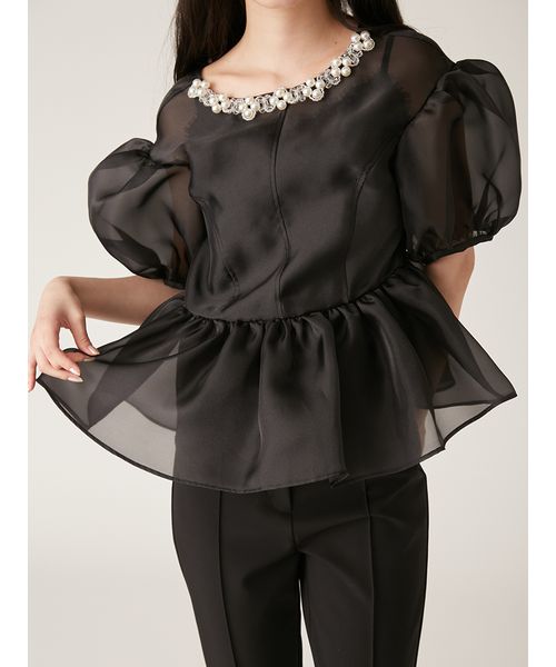 LILYBROWN [CANDY STOCK]ビジューオーガンペプラムトップス L.B CANDY STOCK]ビジューオーガンペプラムトップス(トップス
