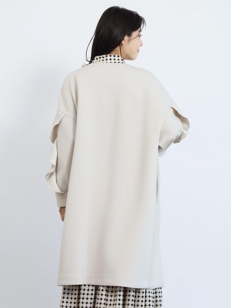新品春物FENNELフェンネルフリルスプリングコートグレージュ定価31000円 フェンネル FENNEL Vネックフリルスリーブコート(507907321