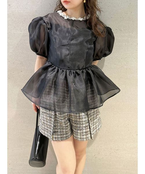 LILYBROWN [CANDY STOCK]ビジューオーガンペプラムトップス L.B CANDY STOCK]ビジューオーガンペプラムトップス(トップス