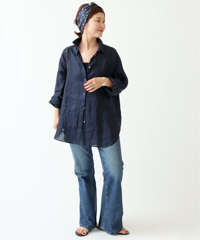 【スピックアンドスパン】80リネンカシュクールビッグシャツ　サックスブルー Spick & Span｜《追加》80リネンカシュクールビッグシャツ