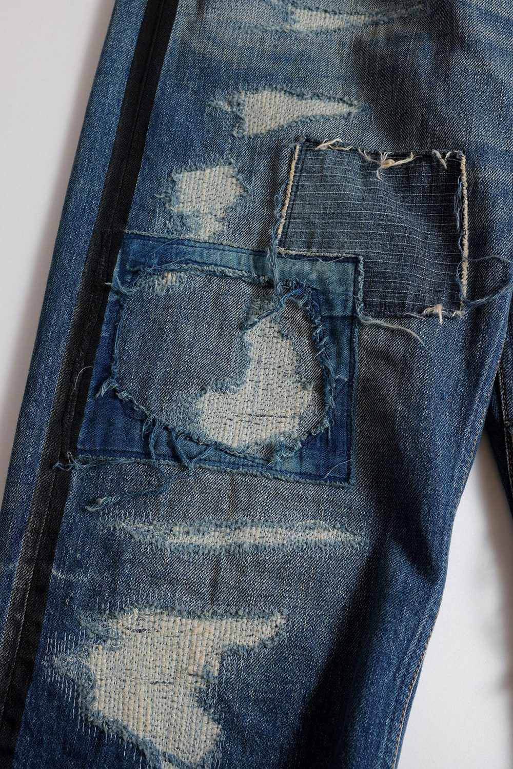 新品 FDMTL ダメージ デニム インディゴ L リペア クラッシュ ファンダメンタル FDMTL CLASSIC STRAIGHT DENIM CS125