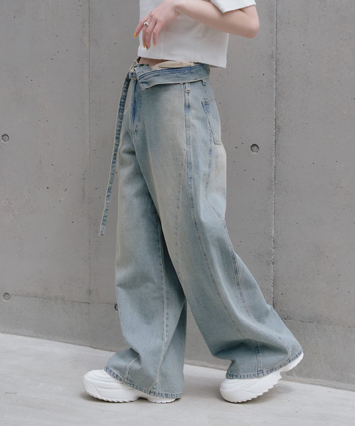 セール】【RAY CASSIN】ウエスト折り返しワイドデニムパンツ