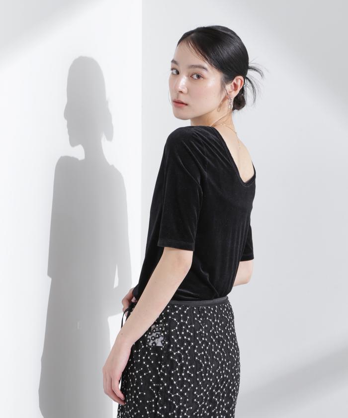 セール40%OFF】シアーベロアバックオープン5分袖Tシャツ