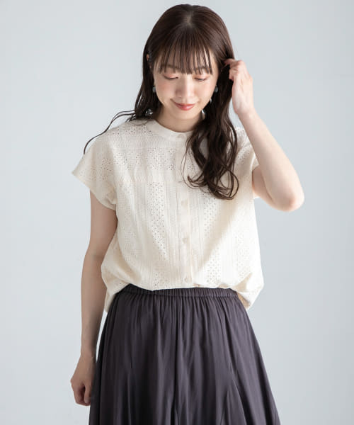 セール】『WEB限定』バンドカラーコットンレースシャツ