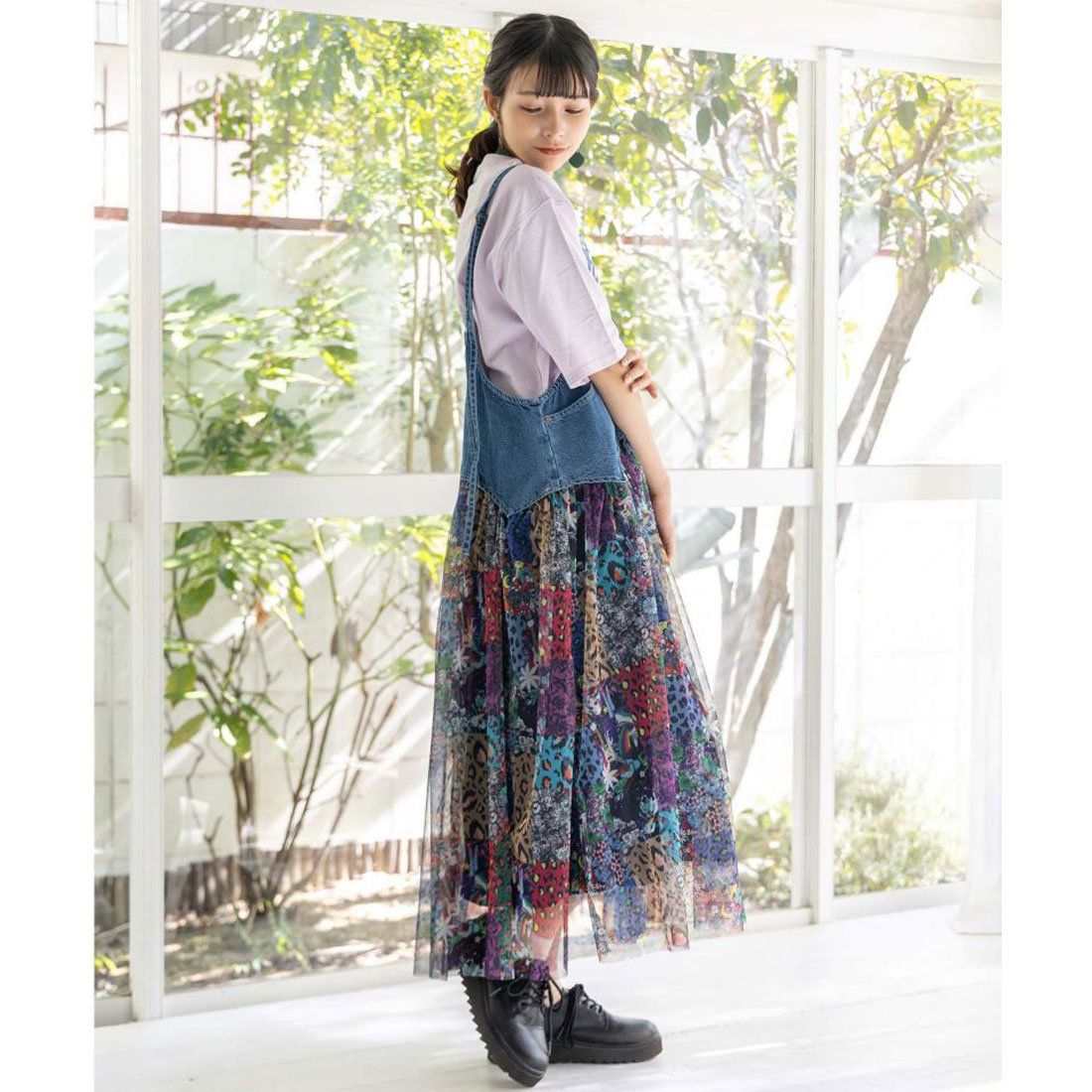 スカラー ScoLar 花×ヒョウパッチワーク柄 デニム切替ワンピース