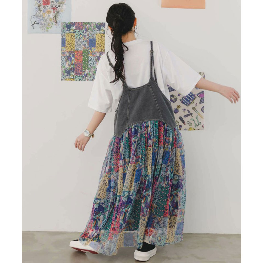 スカラー ScoLar 花×ヒョウパッチワーク柄 デニム切替ワンピース スカラー / 花×ヒョウパッチワーク柄 デニム切替ワンピース