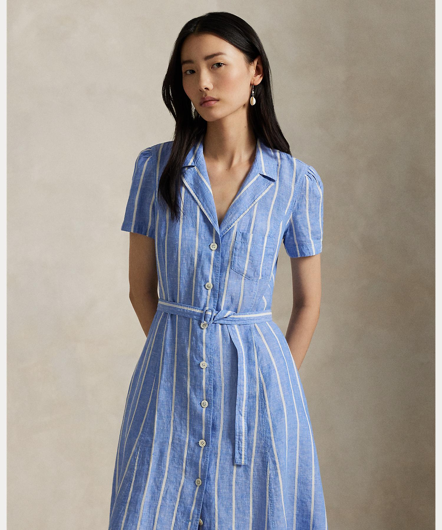 セール 30%OFF】ストライプド ベルテッド リネン Aライン シャツ