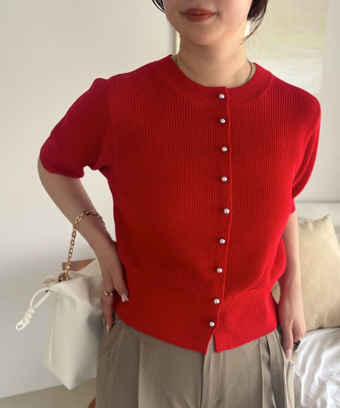 Y’s bis◆カーディガン(薄手)/--/コットン/RED セール40%OFF】【WEB限定】多釦ハーフスリーブサマーニット