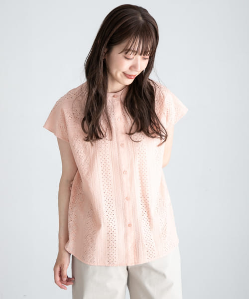 セール】『WEB限定』バンドカラーコットンレースシャツ