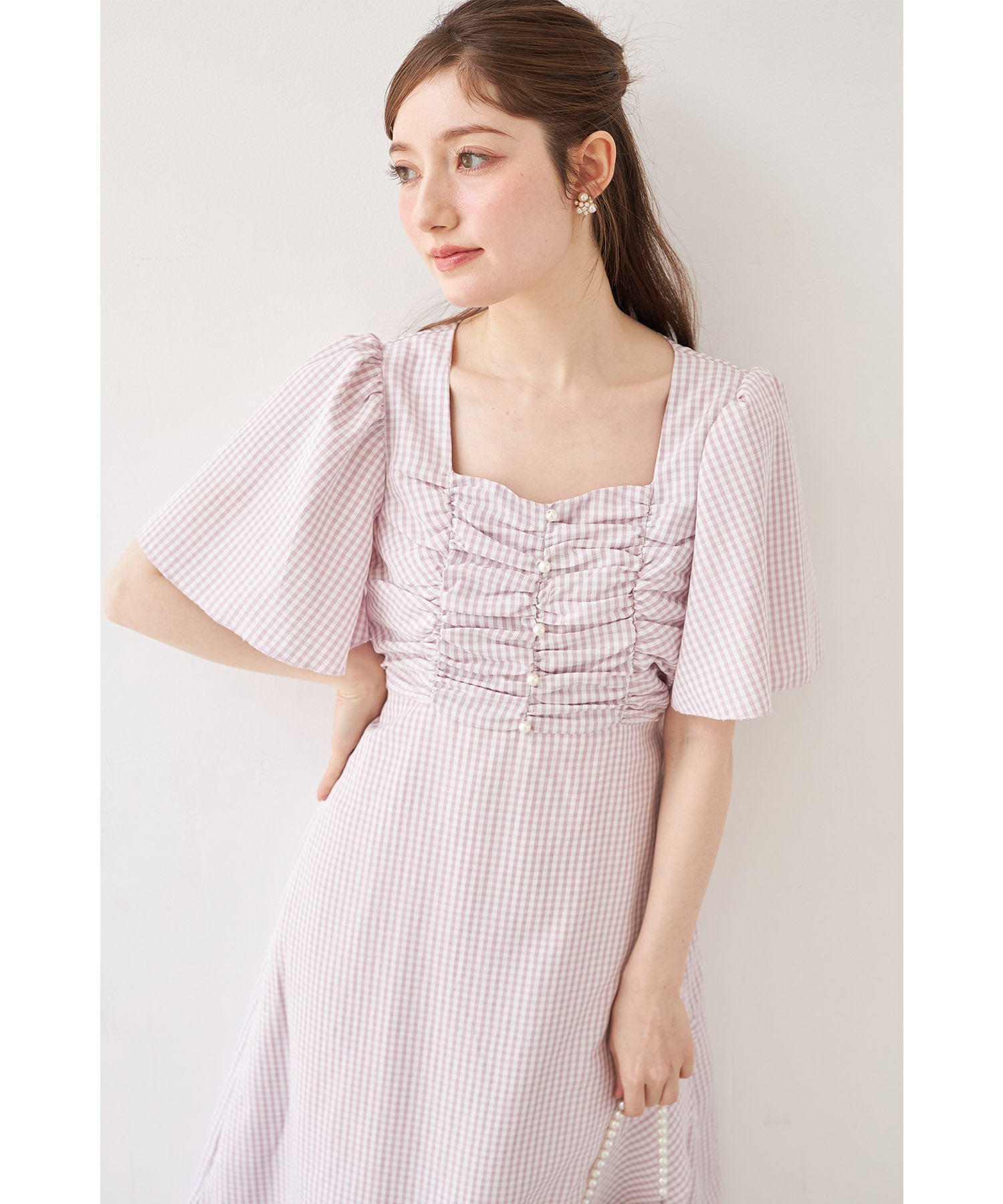 トッコクローゼット フレアスリーブギンガムチェックアシメラッフルワンピース トッコクローゼット tocco closet パール付きフレアスリーブ