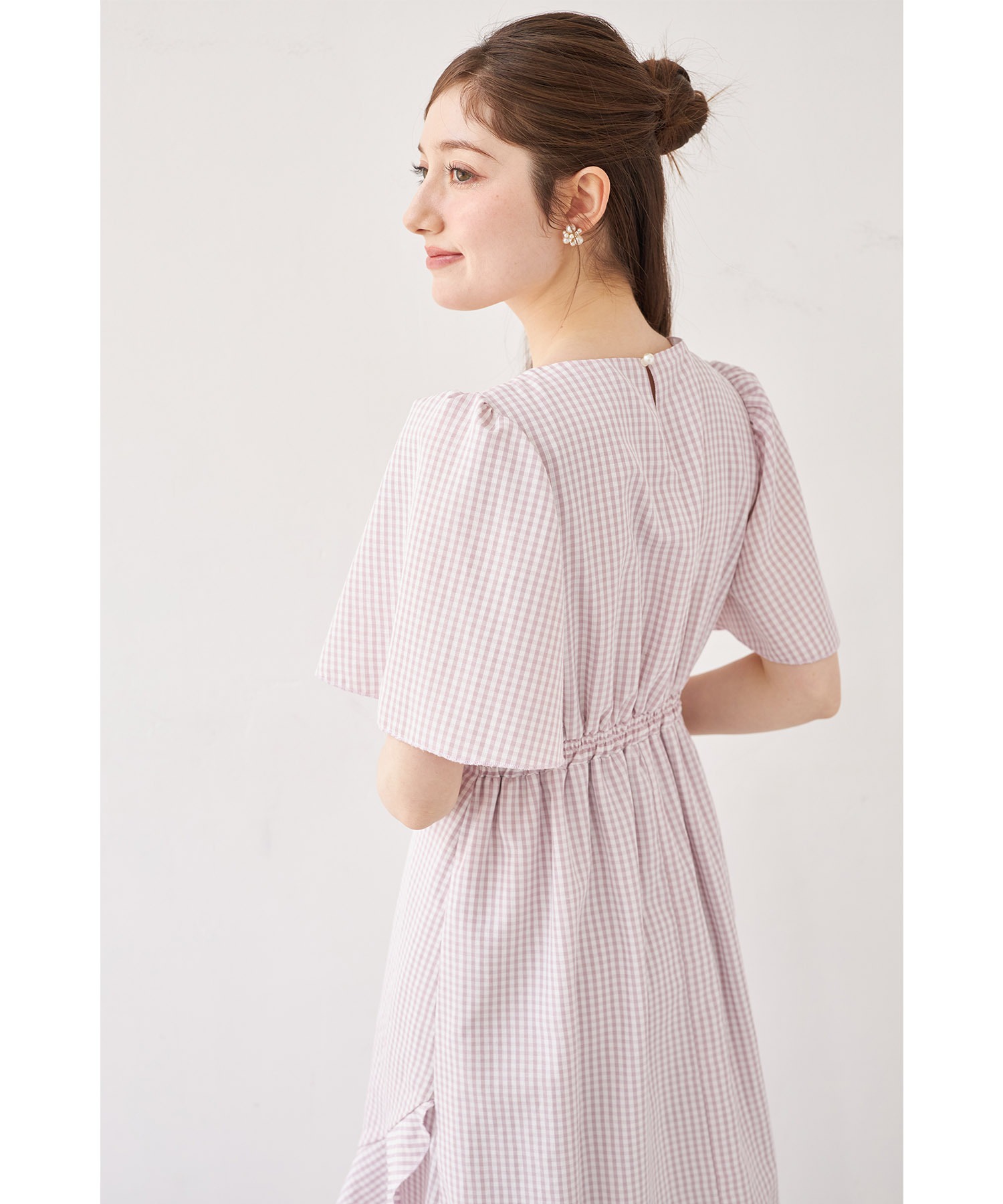 tocco パール付きフレアスリーブギンガムチェックアシメラッフルワンピース トッコクローゼット tocco closet パール付きフレアスリーブ